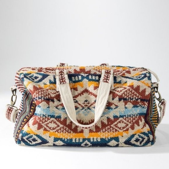 Handmade Boho Chic Weekender Bag woven Navajo cotton duffel shoulder carpet bag - Picture 5 of 15